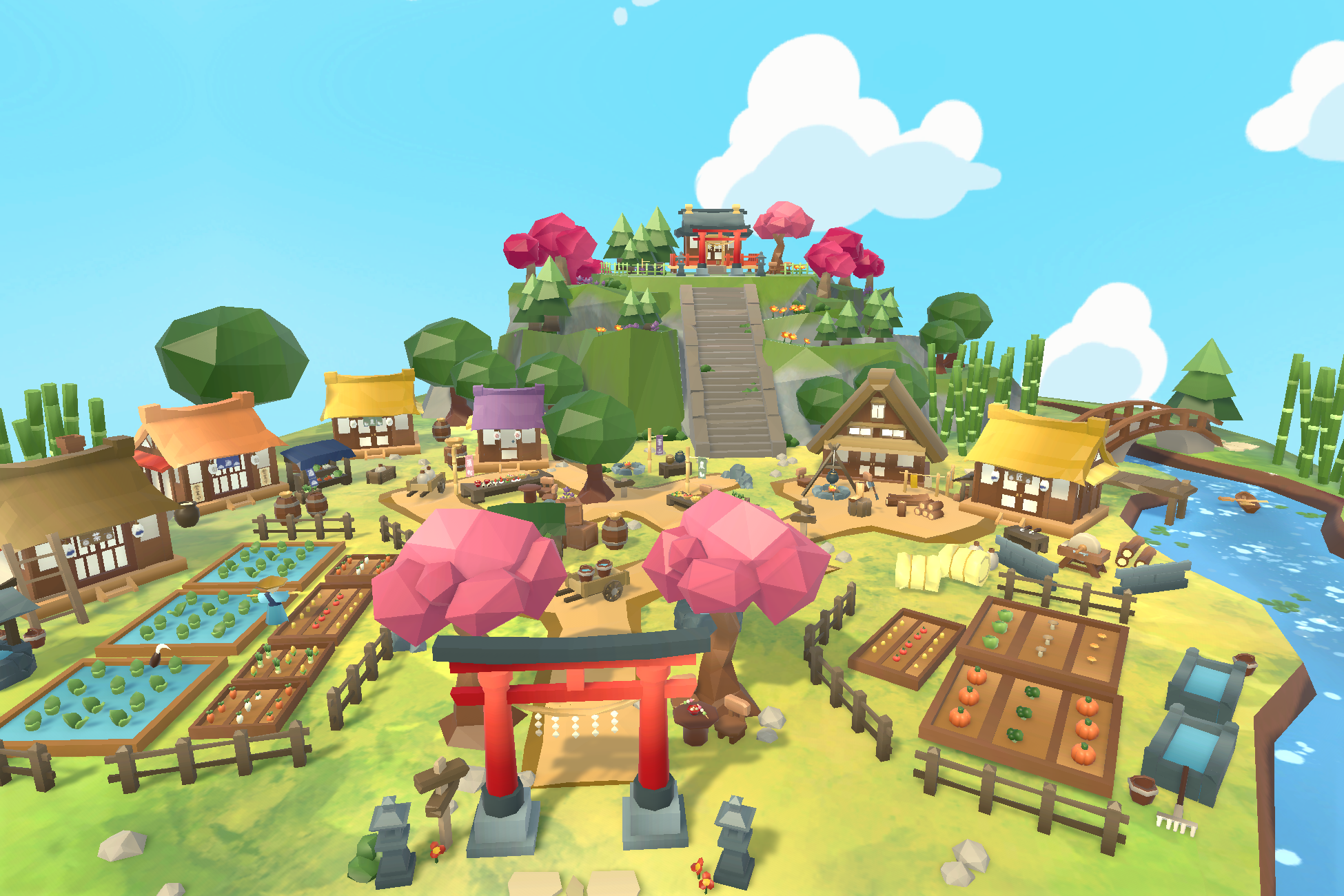 Low-poly Japanese village with shrine, houses, farms, and river